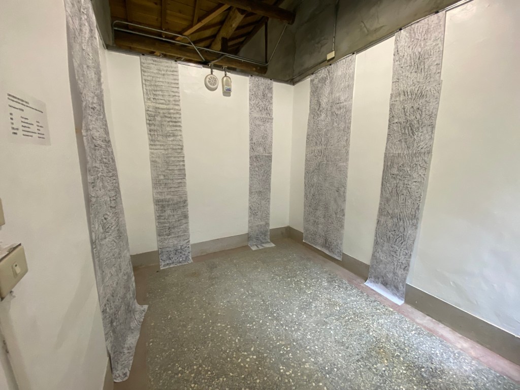 View from the door of a small gallery with white walls, grey terrazzo floor and open ceiling. On three walls five graphite bark rubbings are hung. each the full height of the wall.